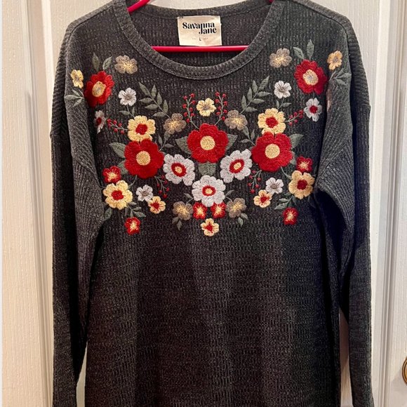 Savanna Jane Dresses & Skirts - Savanna Jane Grey Knit Dress with Embroidered Floral Size L